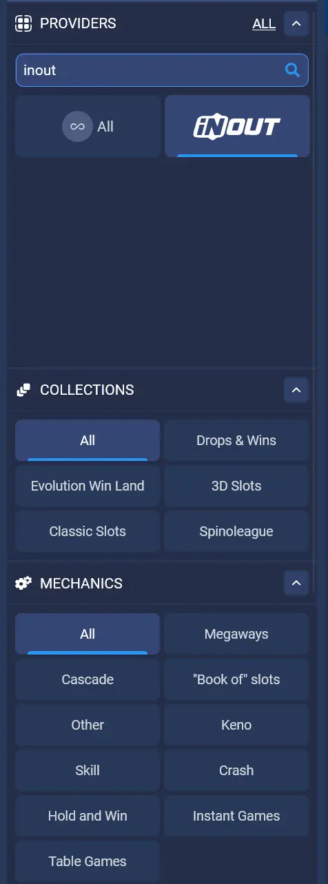 1xBet platformasida InOut oʻyinlari uchun filtr va provayder qidiruvi