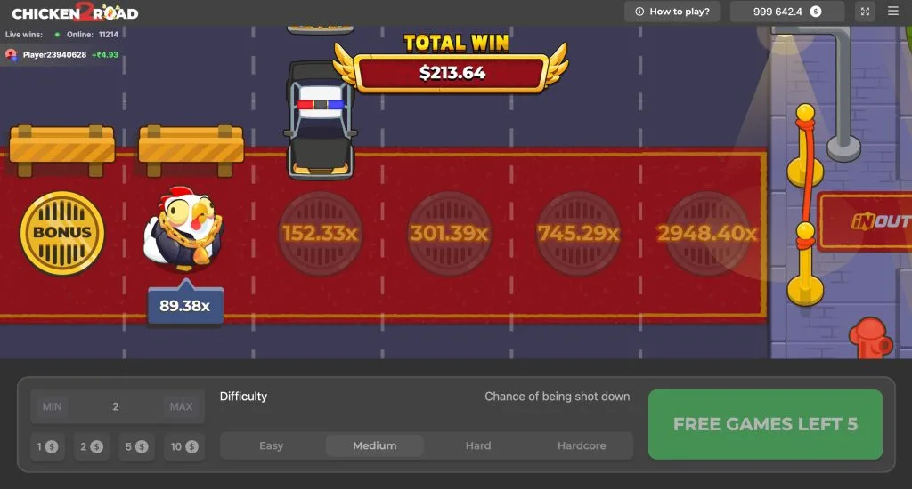 Chicken Road 2 Bonus qiyinchilik ekrani