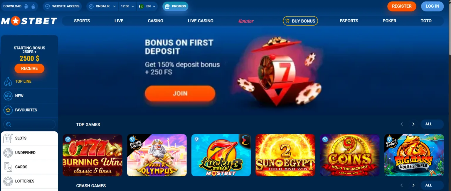 MOSTBET sport kitobi va kazino bosh sahifasi